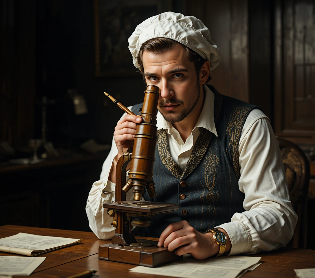 Historical scientist studying with antique wooden brass microscope