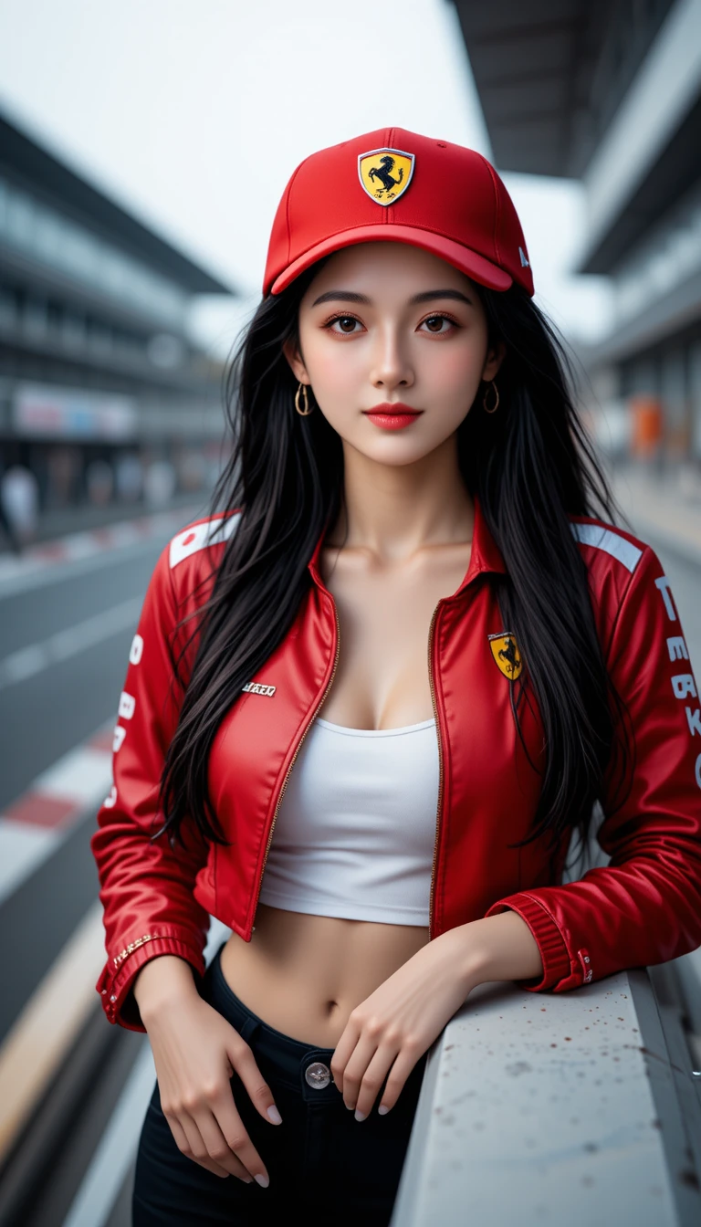 포뮬러 원 트랙에서 빨간 레이싱 캡을 쓴 자신감 넘치는 소녀