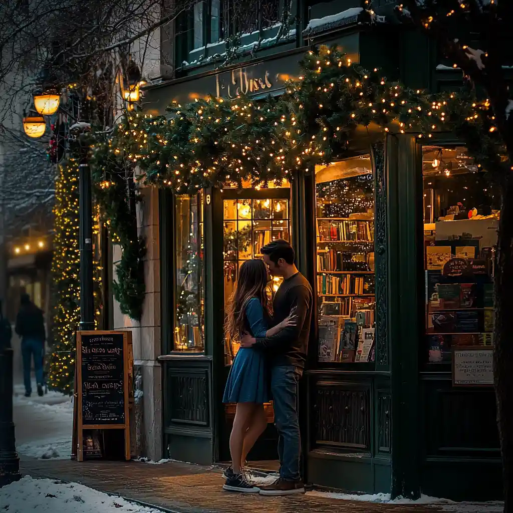 Romantic Couple Outside Cozy Bookstore Cafe At Christmas
