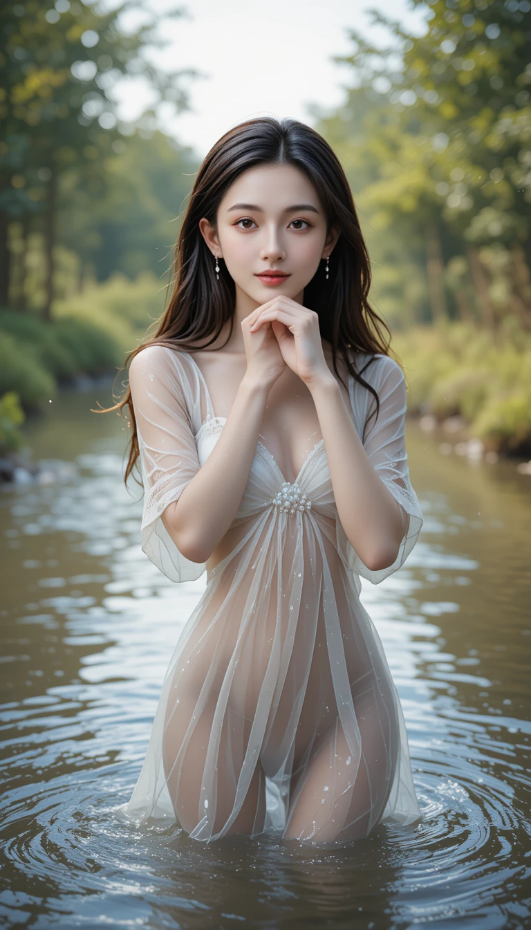 강 속에 서 있는 젖은 흰 드레스를 입은 젊은 여성