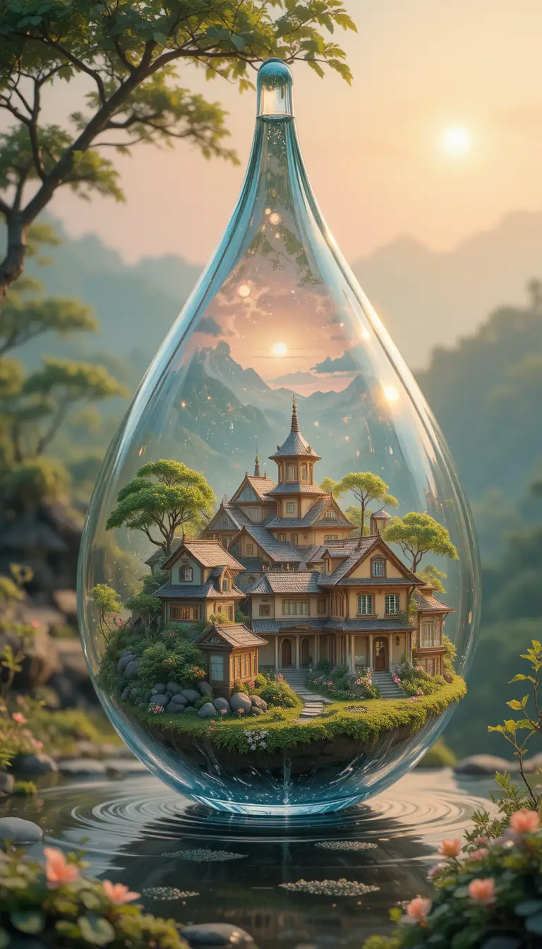 Miniature Town Encapsulated In A Luminous Dewdrop