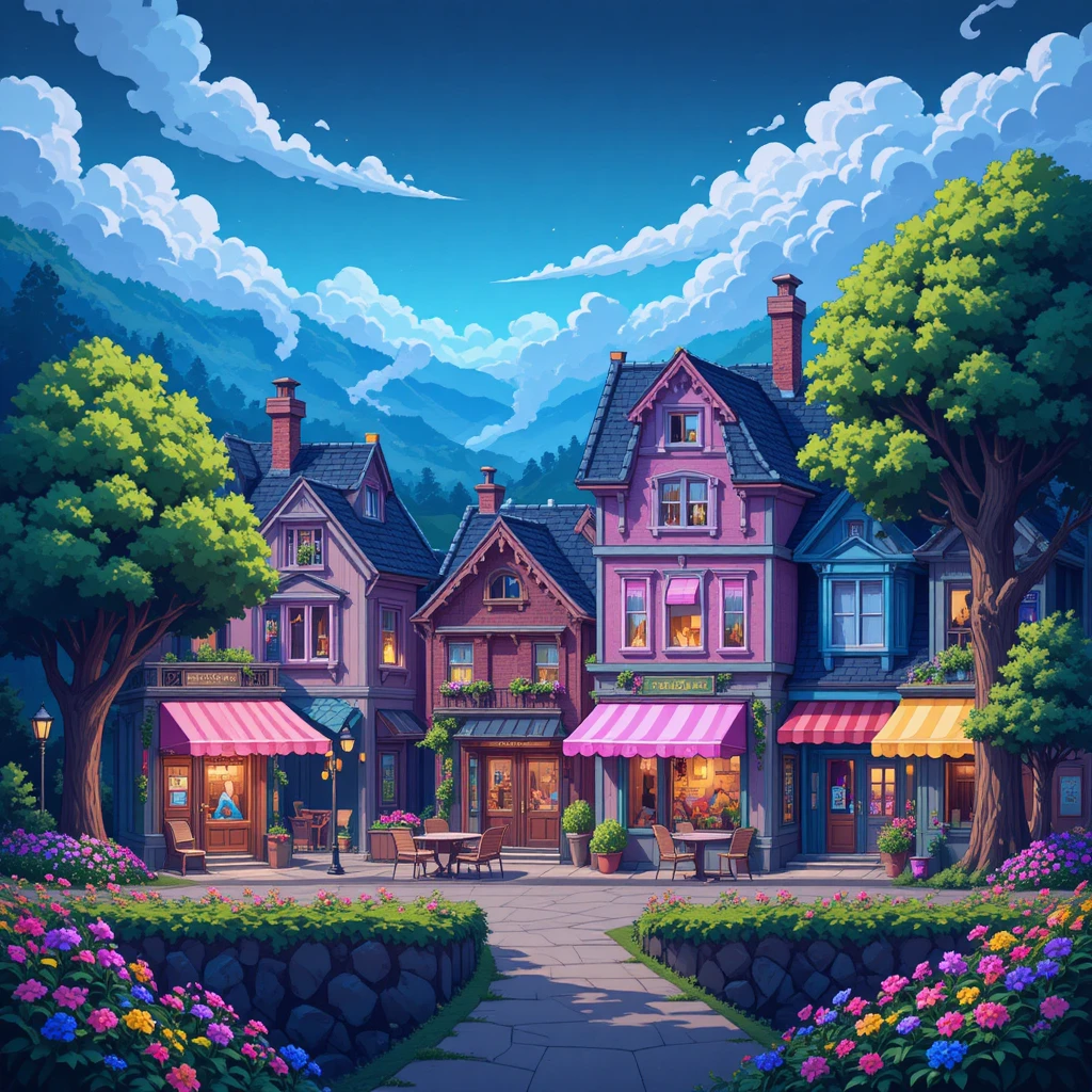 Rua colorida de cidade em pixel art com lojinhas aconchegantes e árvores