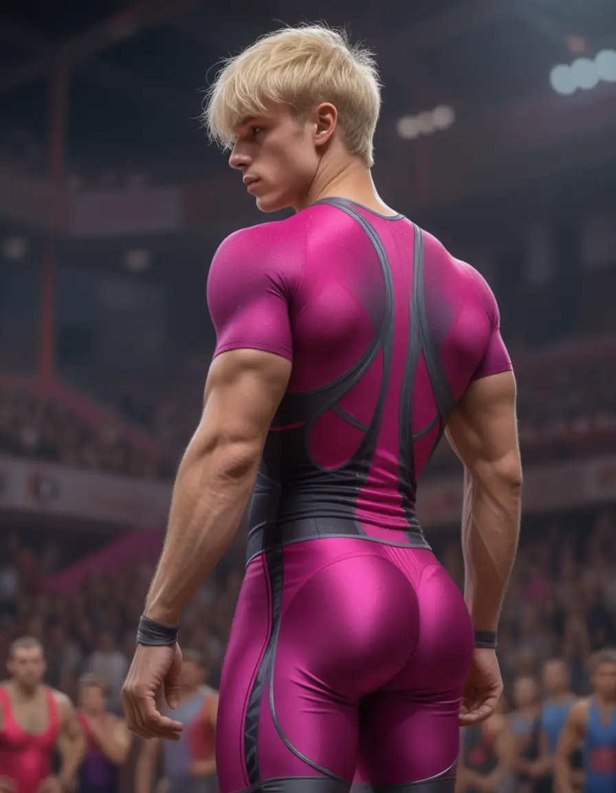 Young athlete in tight leotard preparing for wrestling tournament