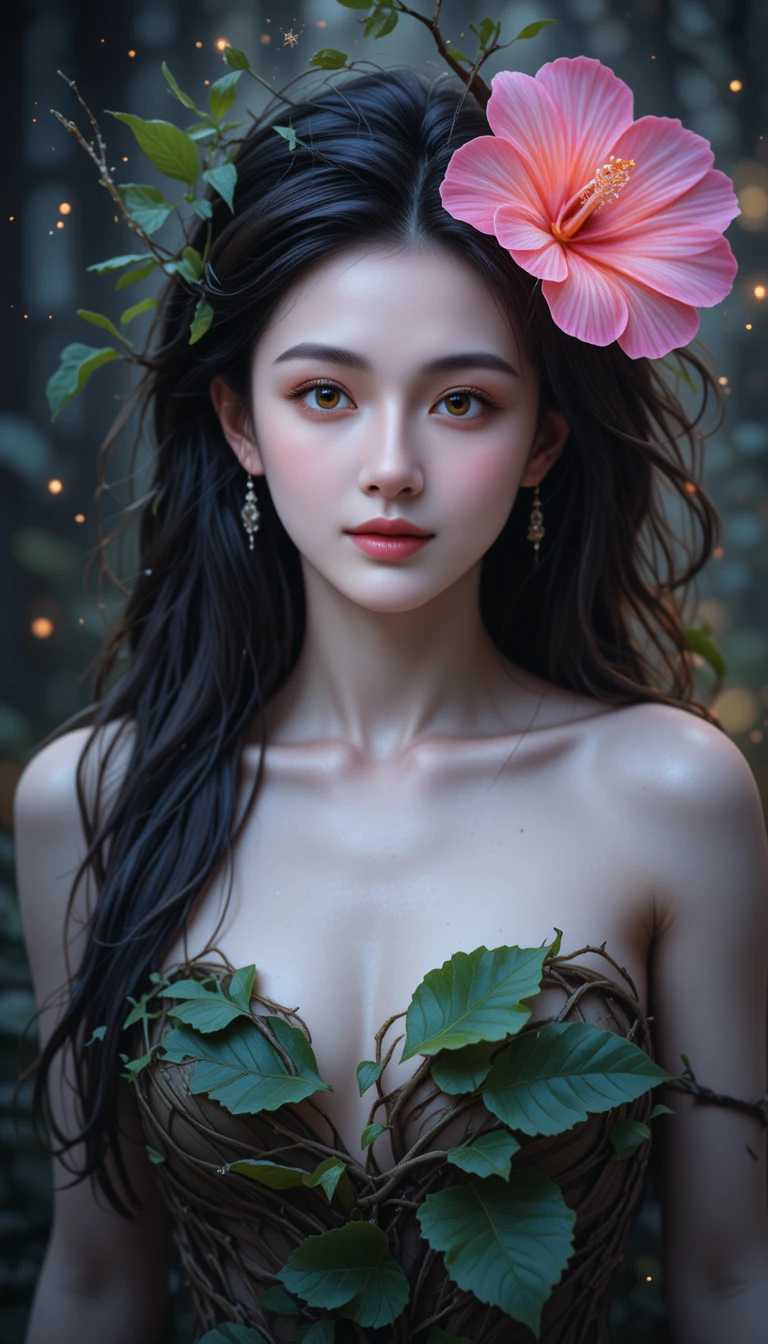 초록빛으로 빛나는 눈과 잎 머리를 가진 숲의 정령 소녀