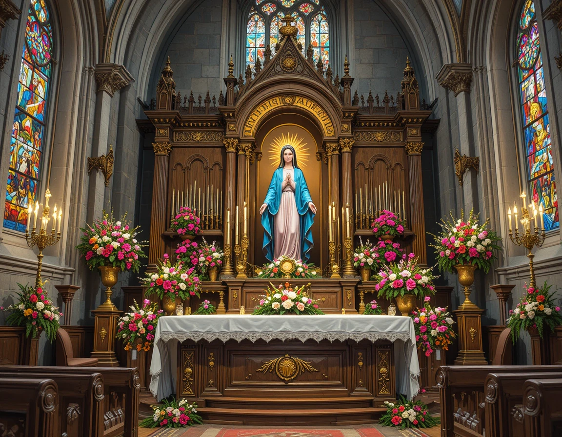 Ornate church altar with Virgin Mary in golden shrine