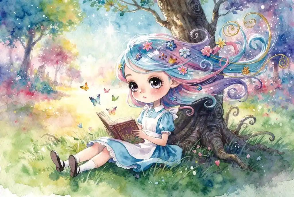 Whimsical Watercolor Girl Reading Under A Tree