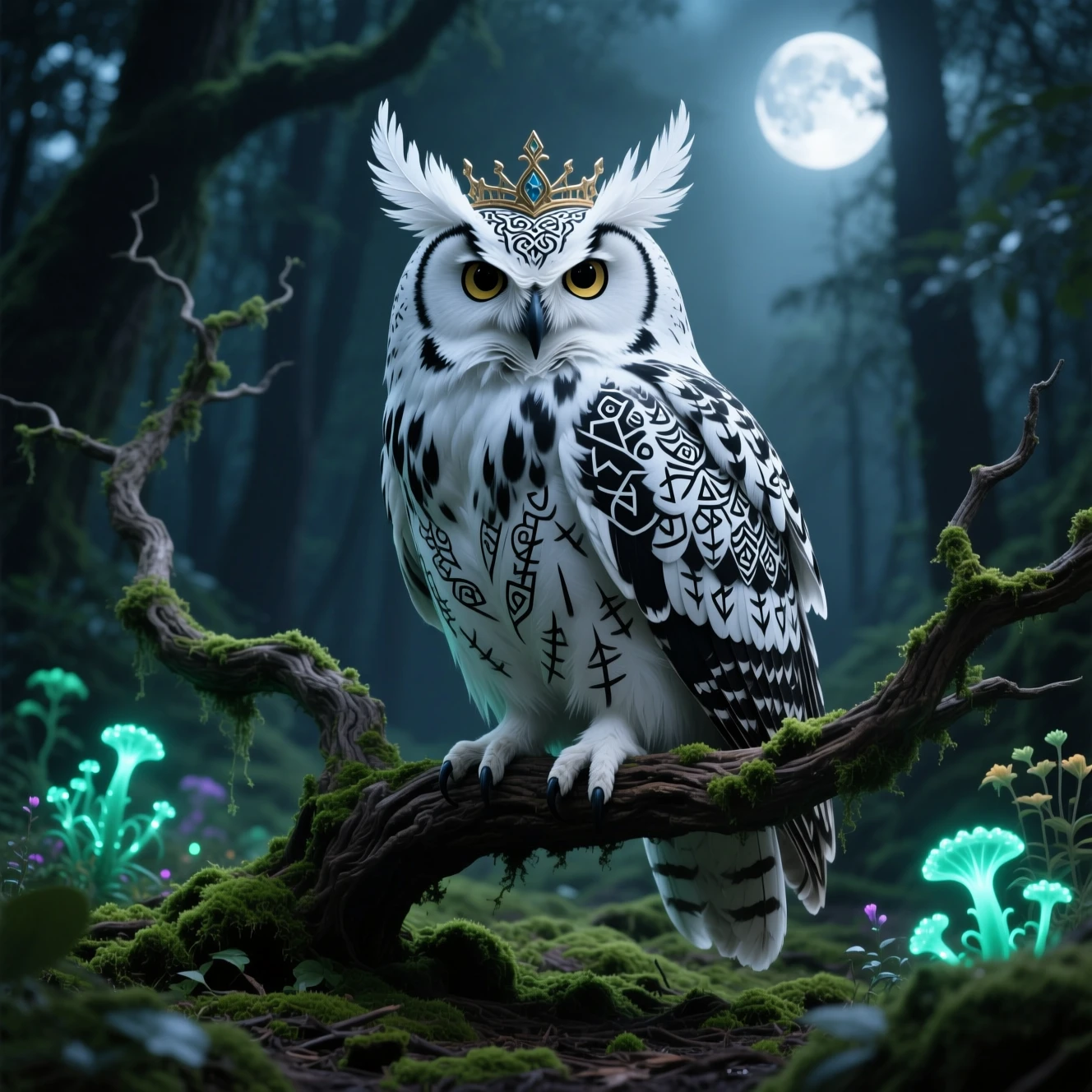 Maestosa civetta bianca su ramo muschioso in una foresta illuminata dalla luna