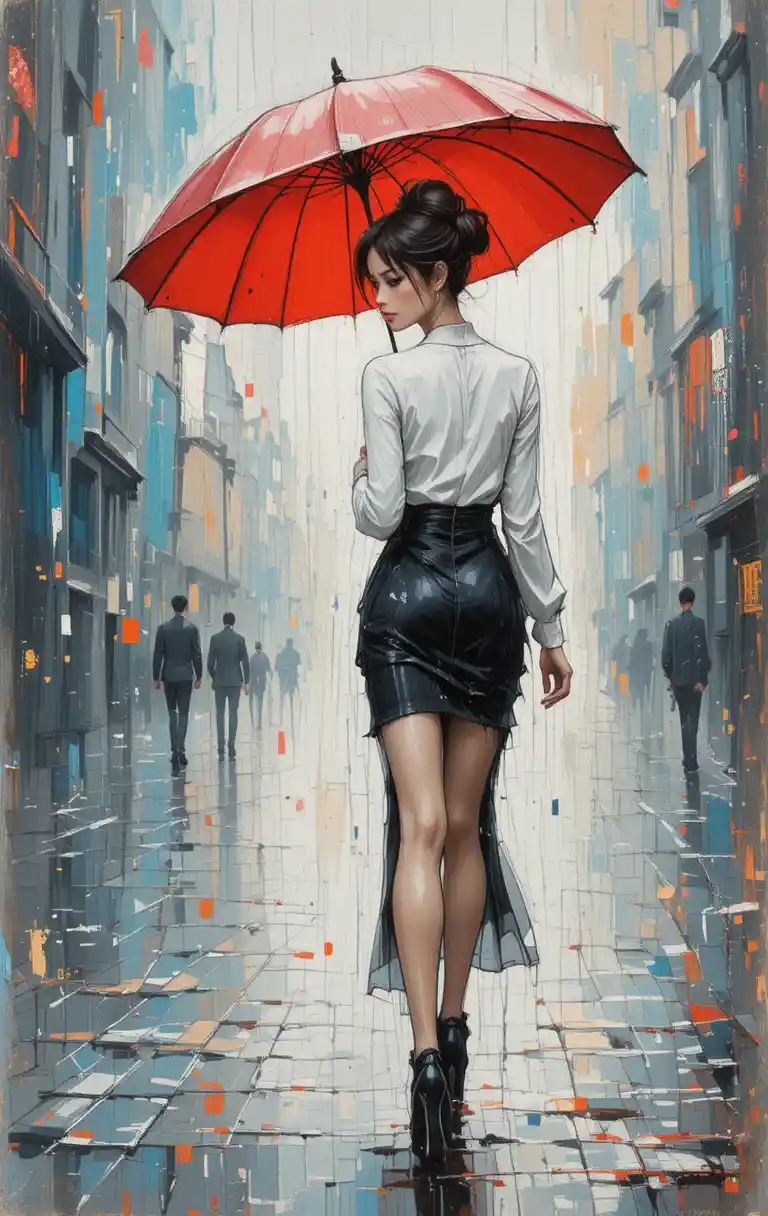 雨中城市街道上的紅傘優雅女子