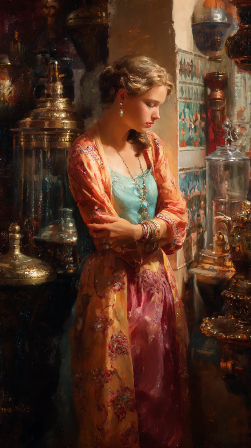 Romantic oil painting of a woman in an exotic marketplace