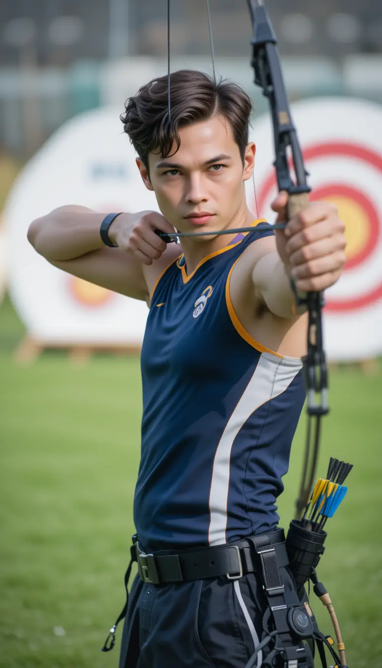 Jeune archer concentré visant avec un arc recourbé en extérieur