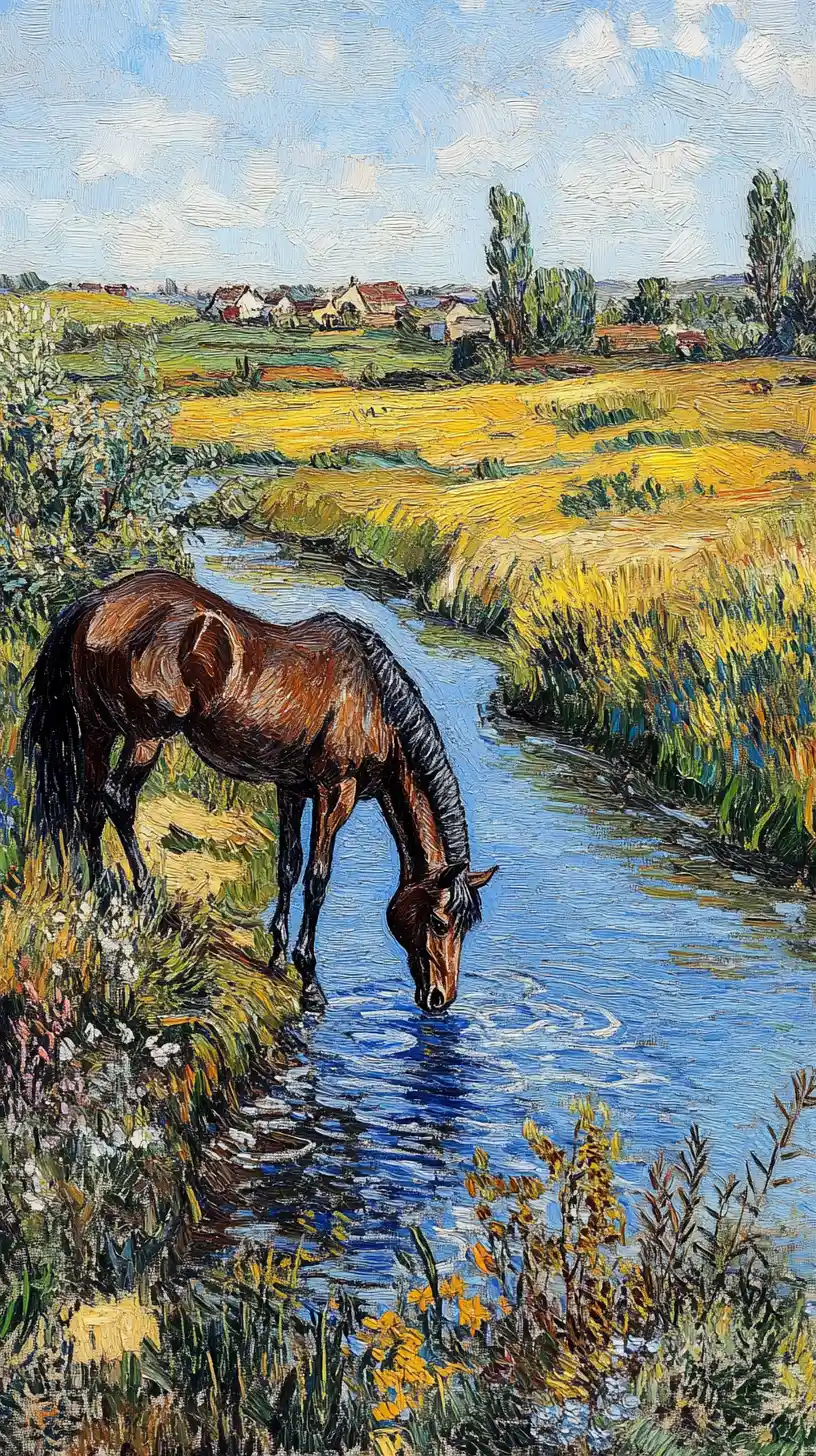 Horse drinking from a tranquil stream by a village meadow