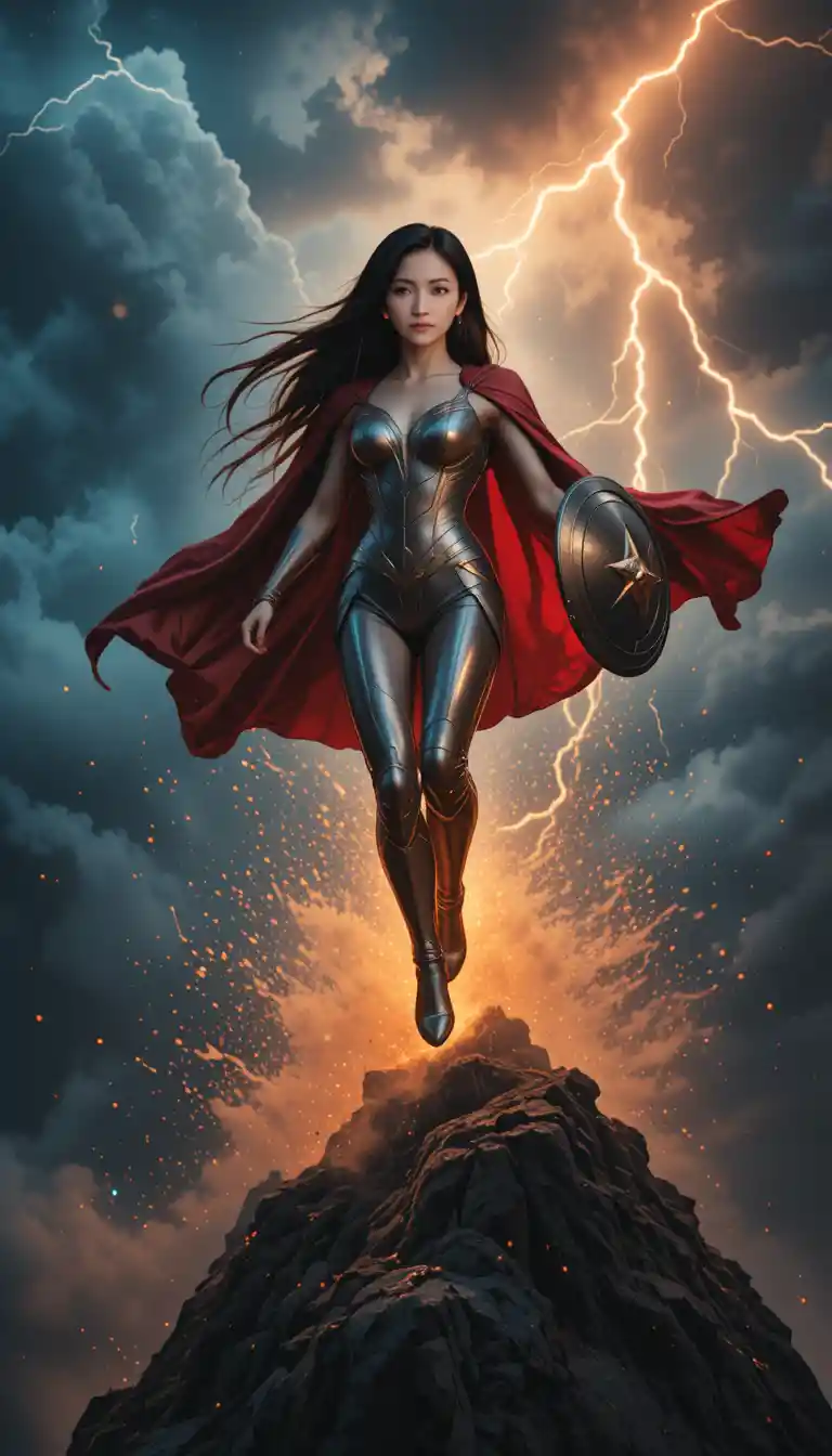 Young superhero woman leaping from a stormy cliff