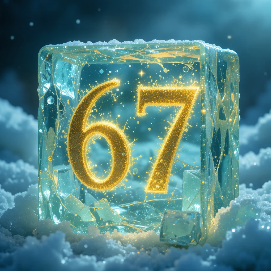 Número 67 dourado luminoso em cubo de gelo de cristal