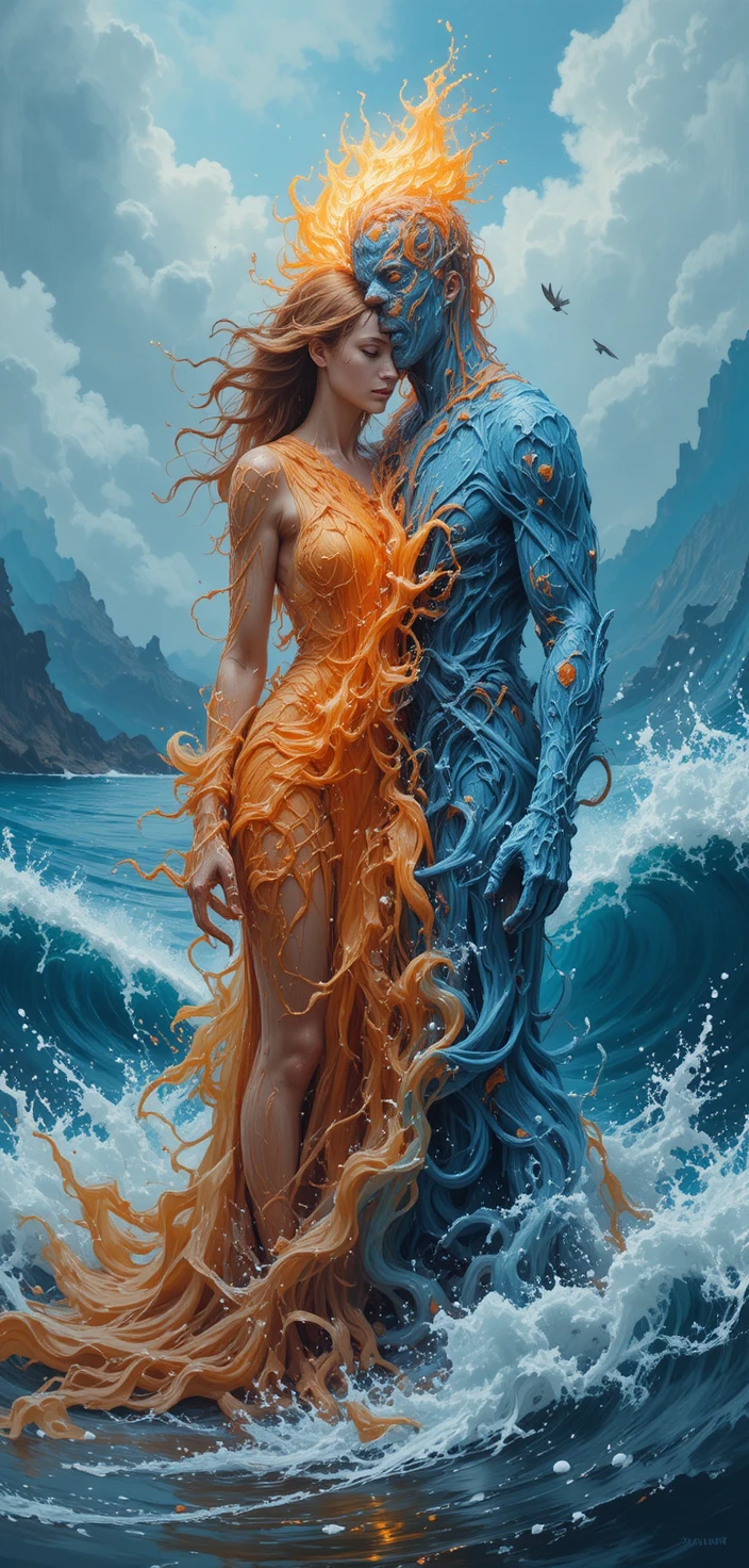 Surreal duel of lava woman and ocean man in contrast