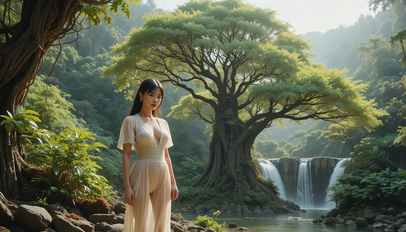 Femme fashion près d’un arbre géant à côté d’une cascade