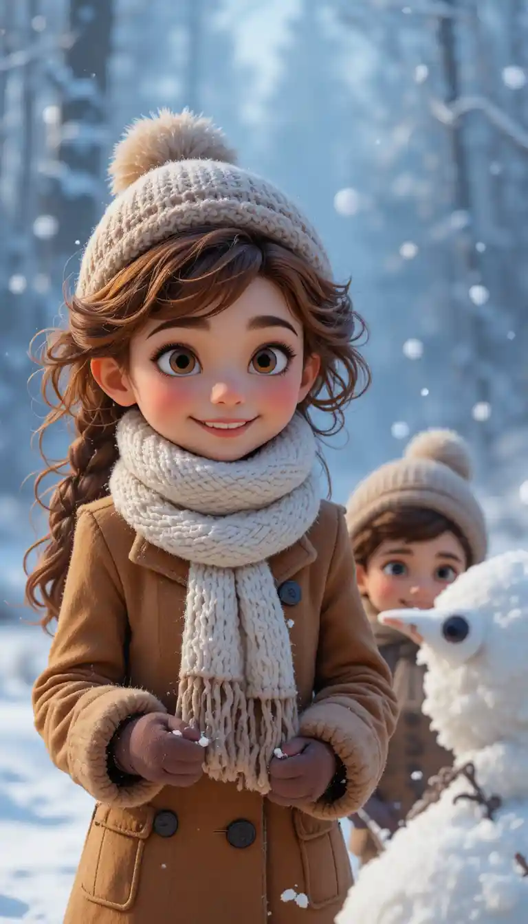 Children building a snowman in a gentle winter snowfall