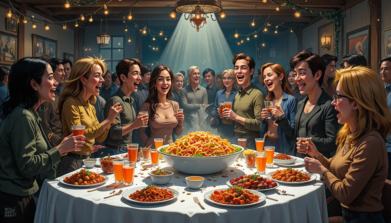 Table de fête en intérieur avec boissons, snacks et pâtes