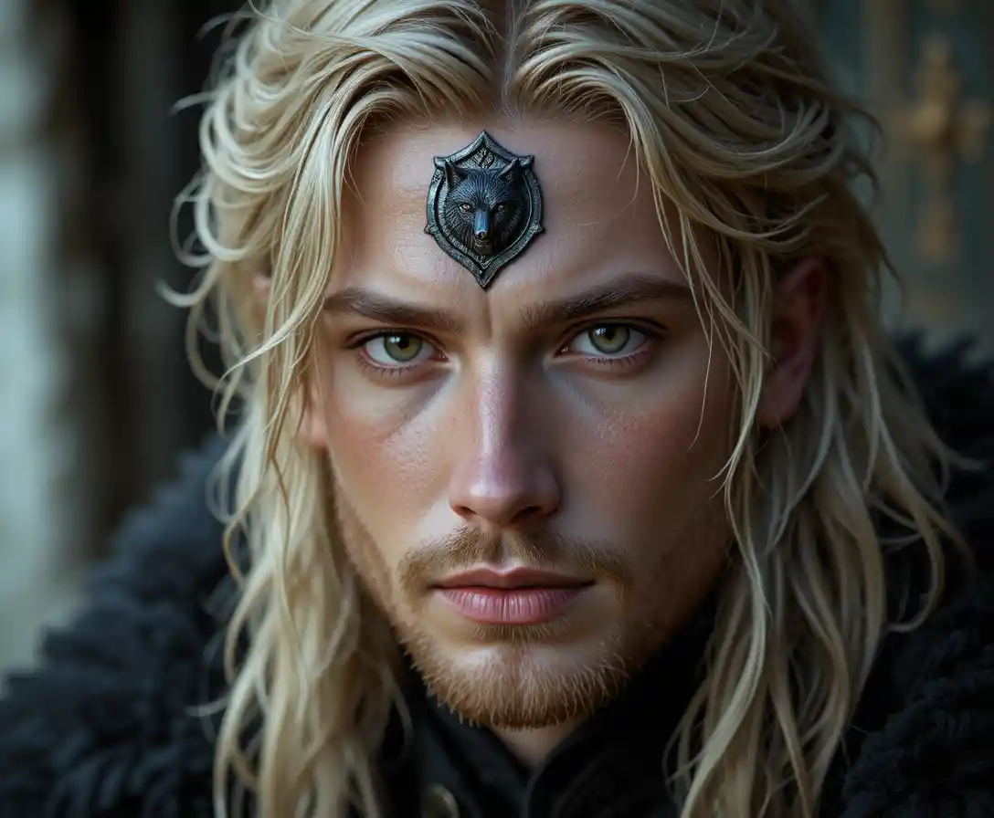 Dark fantasy man with hazel green eyes and wolf crest
