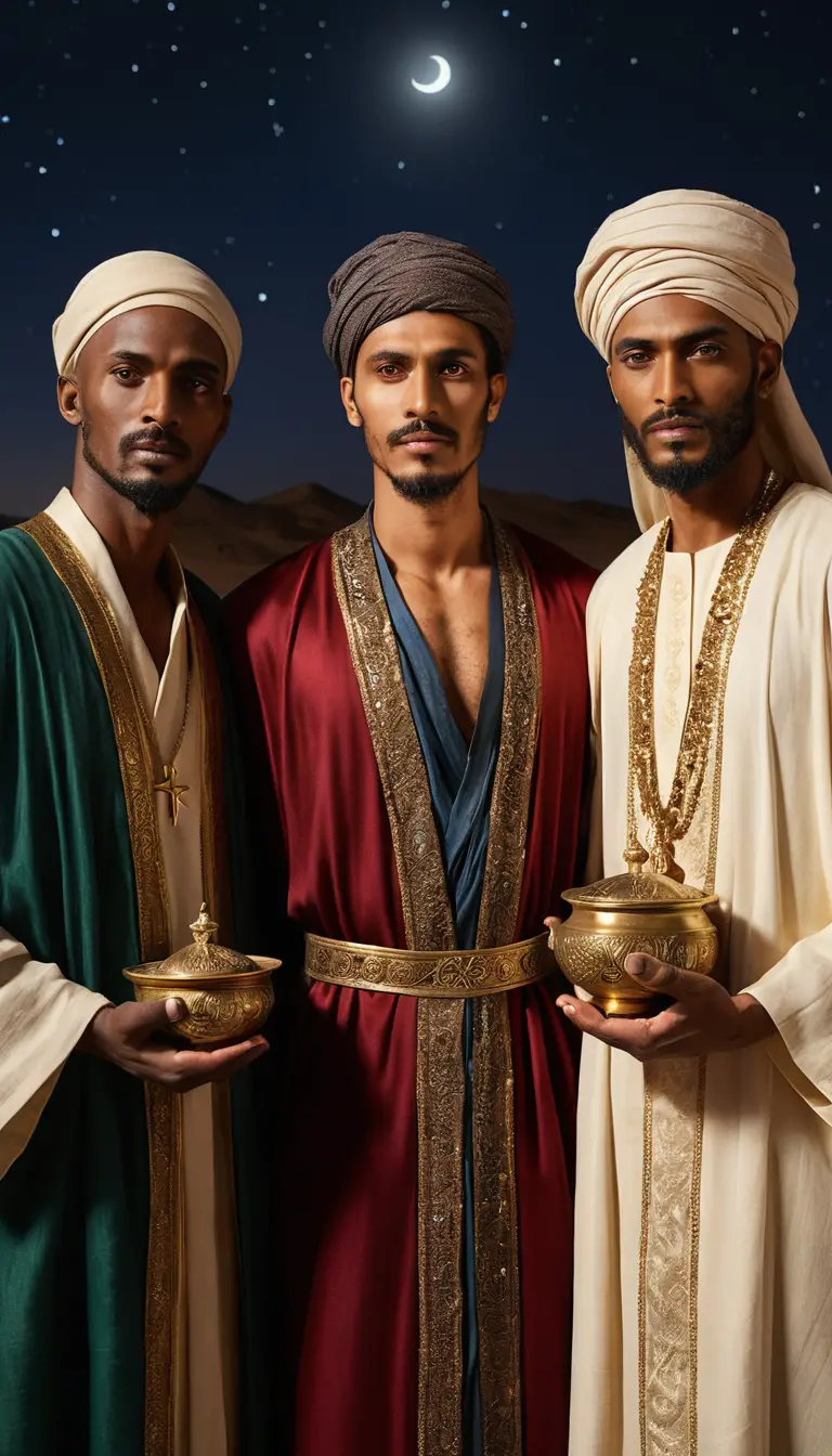 Three wise men under a bright guiding star at night