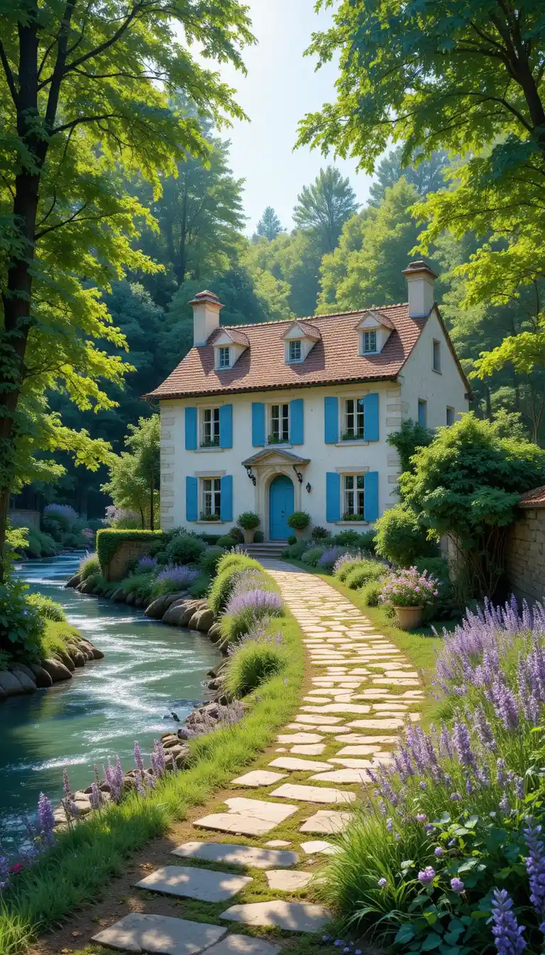 Casa de campo branca à beira de um rio na floresta à luz do dia