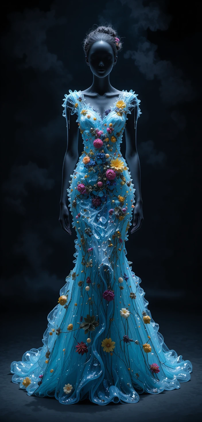 Avant garde water and lava couture dress on black stage