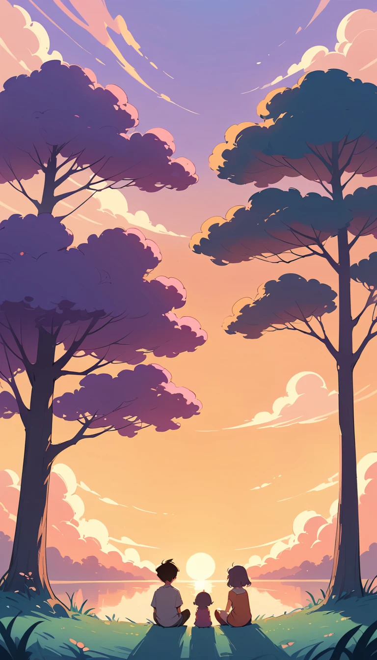 Deux enfants assis sous un arbre regardant un coucher de soleil chaleureux