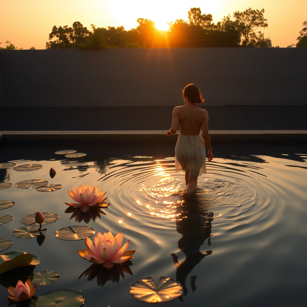 Mulher entrando em uma piscina tranquila ao pôr do sol com flores de lótus