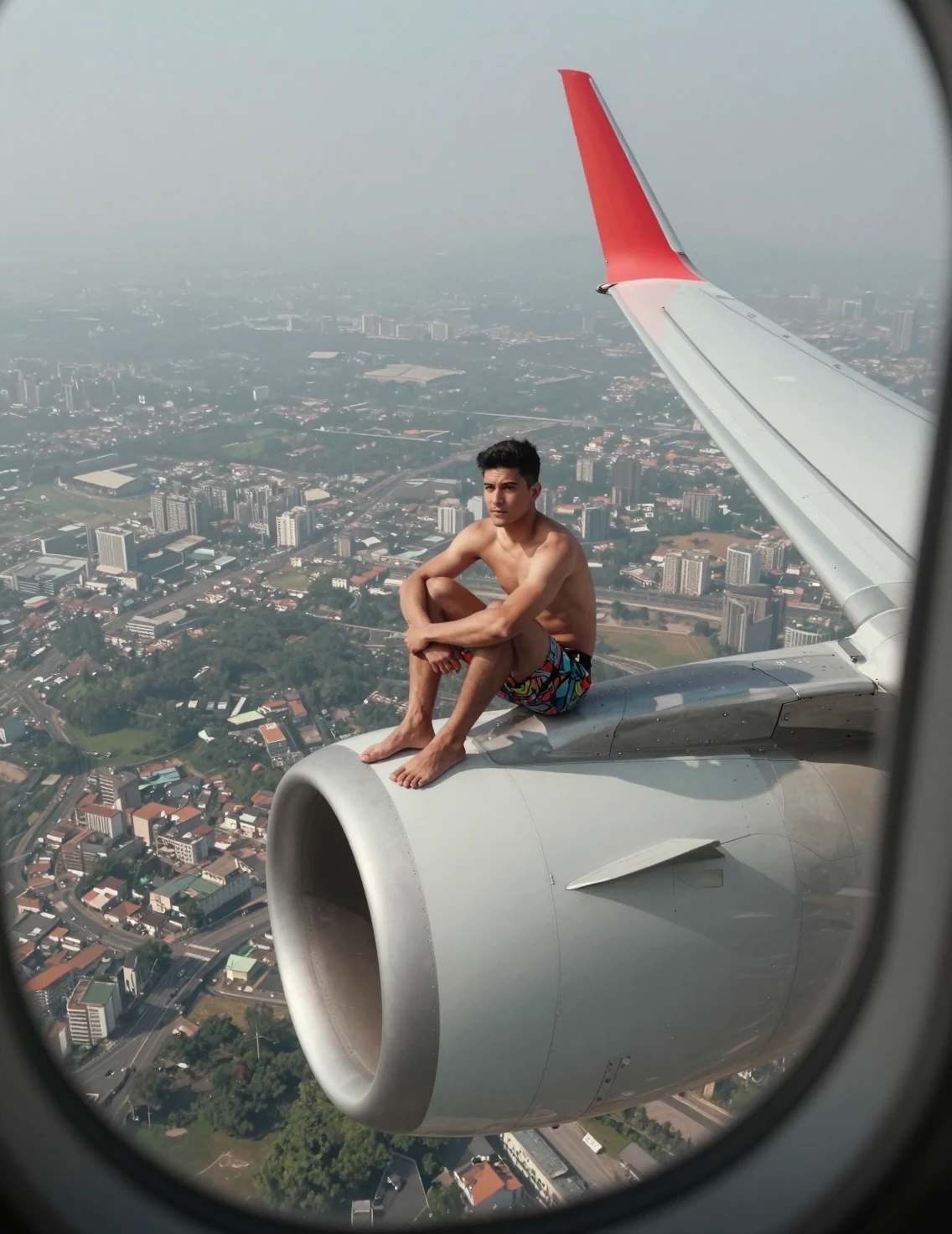 Homem sem camisa sentado em motor de avião sobre a cidade