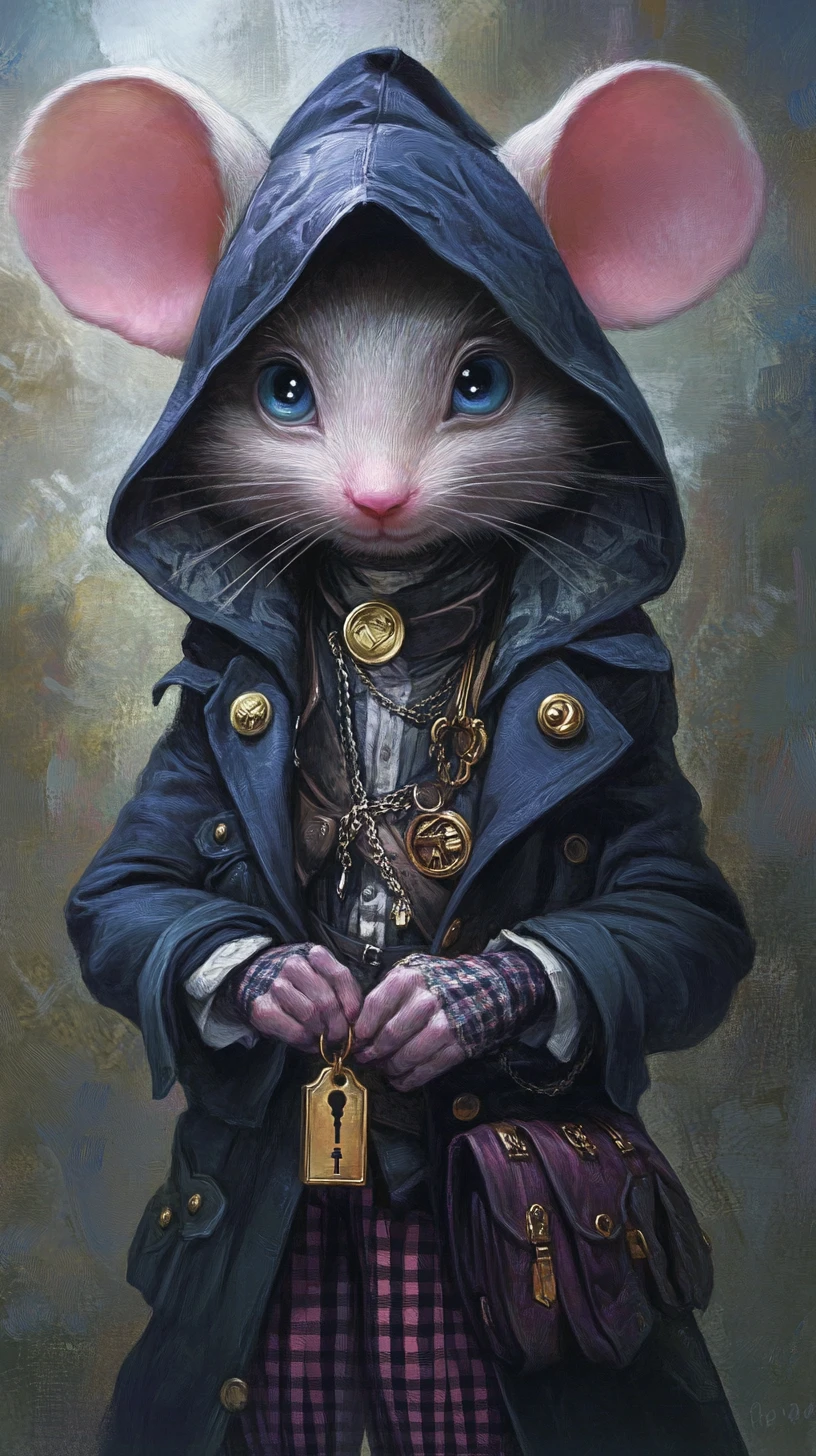 Anthropomorphic mouse in coat holding a golden key