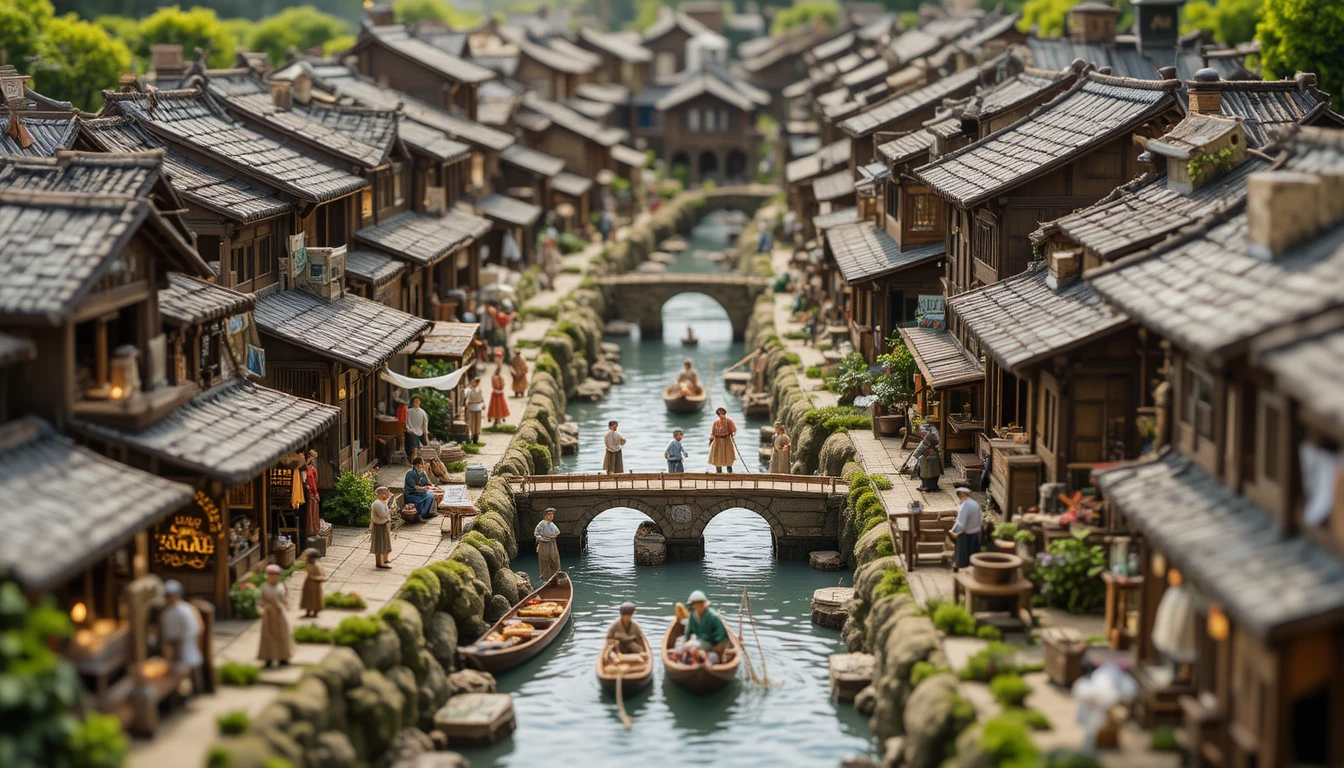 活気あふれる日常が広がる日本の封建時代の運河の村ミニチュア