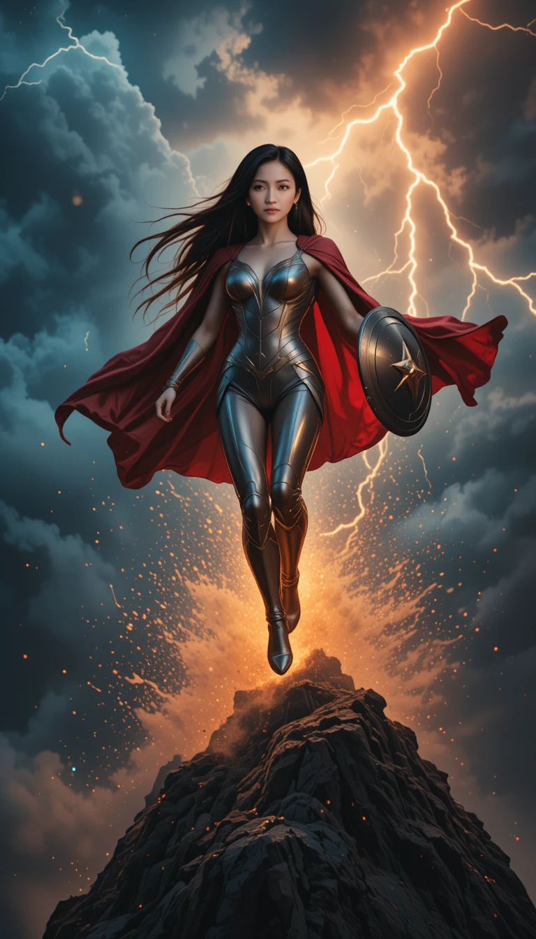 Young superhero woman leaping from a stormy cliff