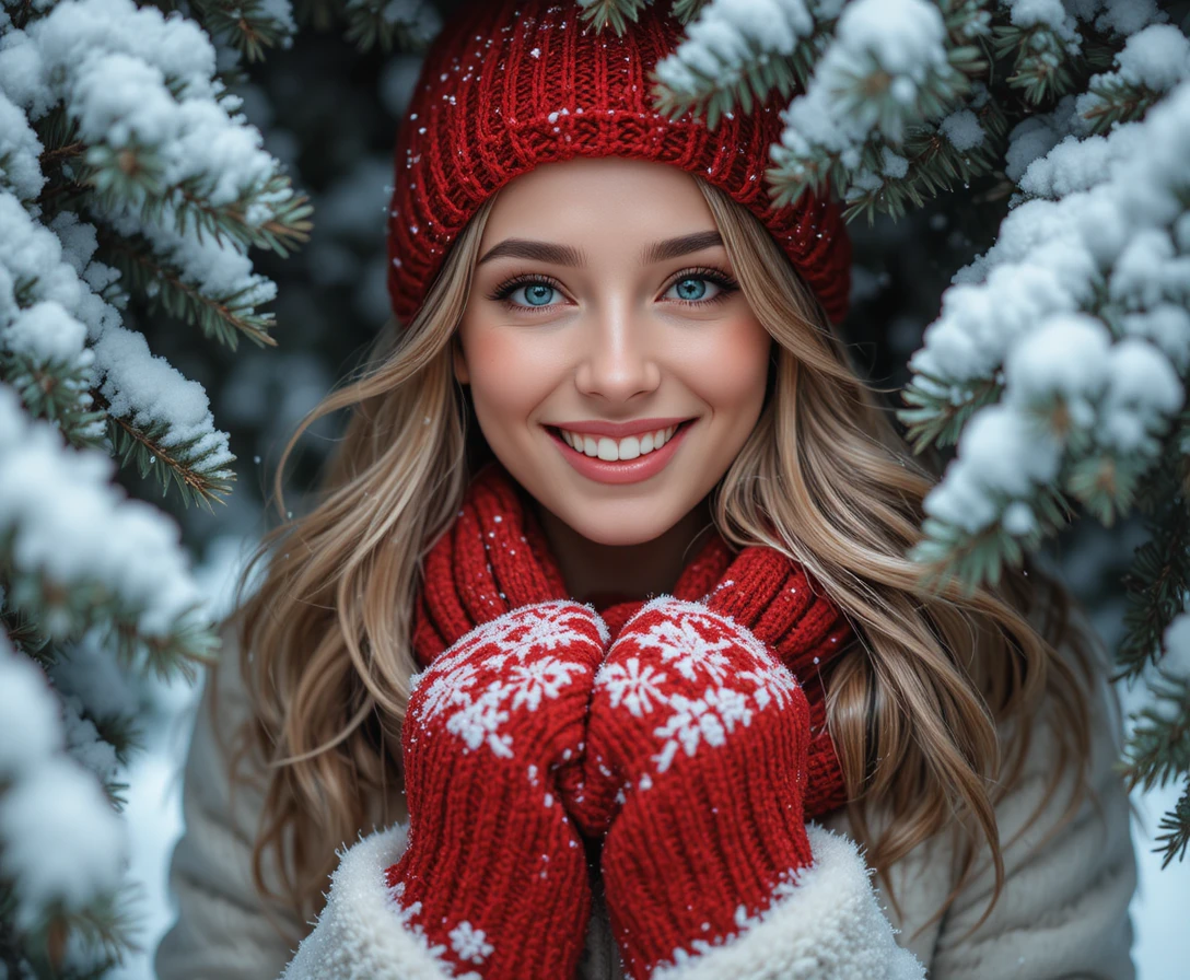 Smiling woman in red winter clothes behind snowy branches
