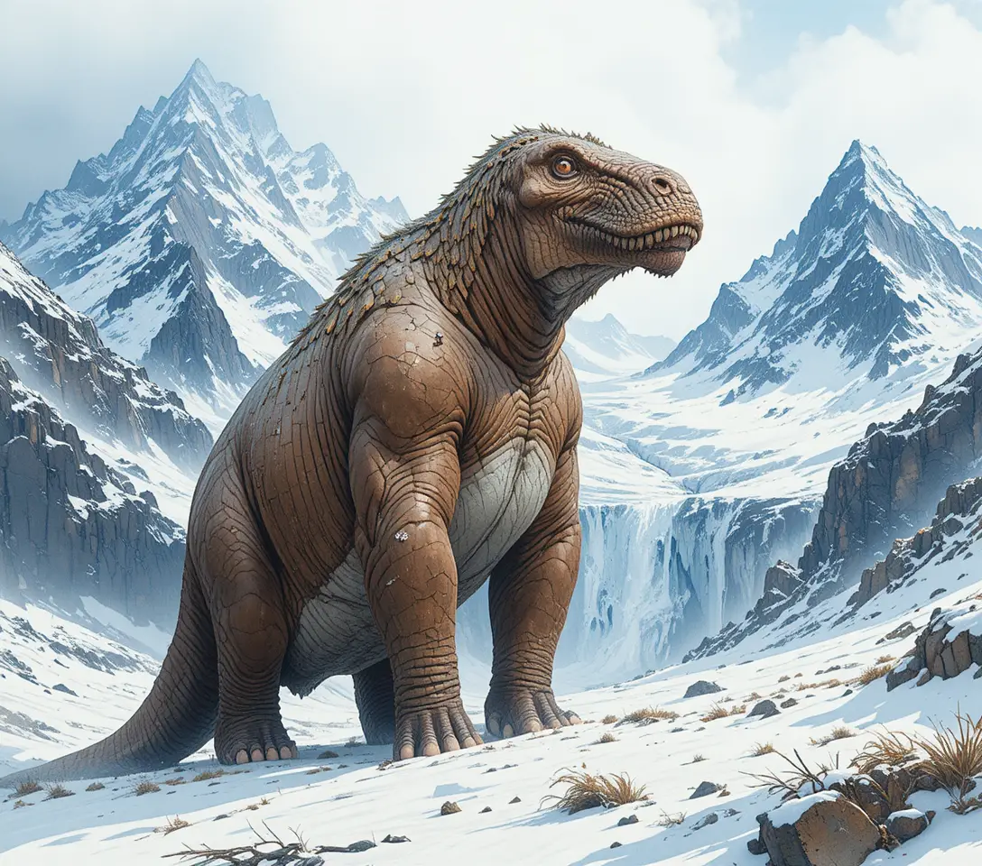 Wollmammut in einer weiten verschneiten Berglandschaft