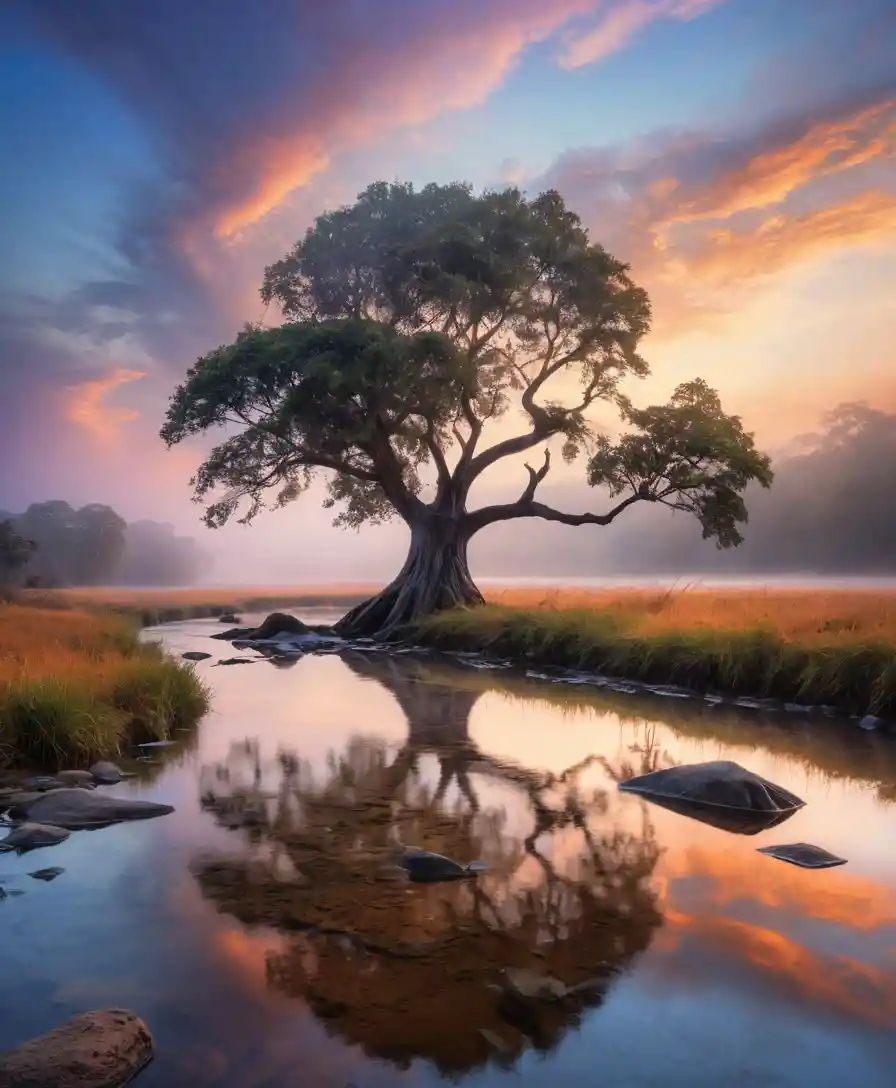 Árbol solitario reflejado en un tranquilo atardecer del río Orinoco