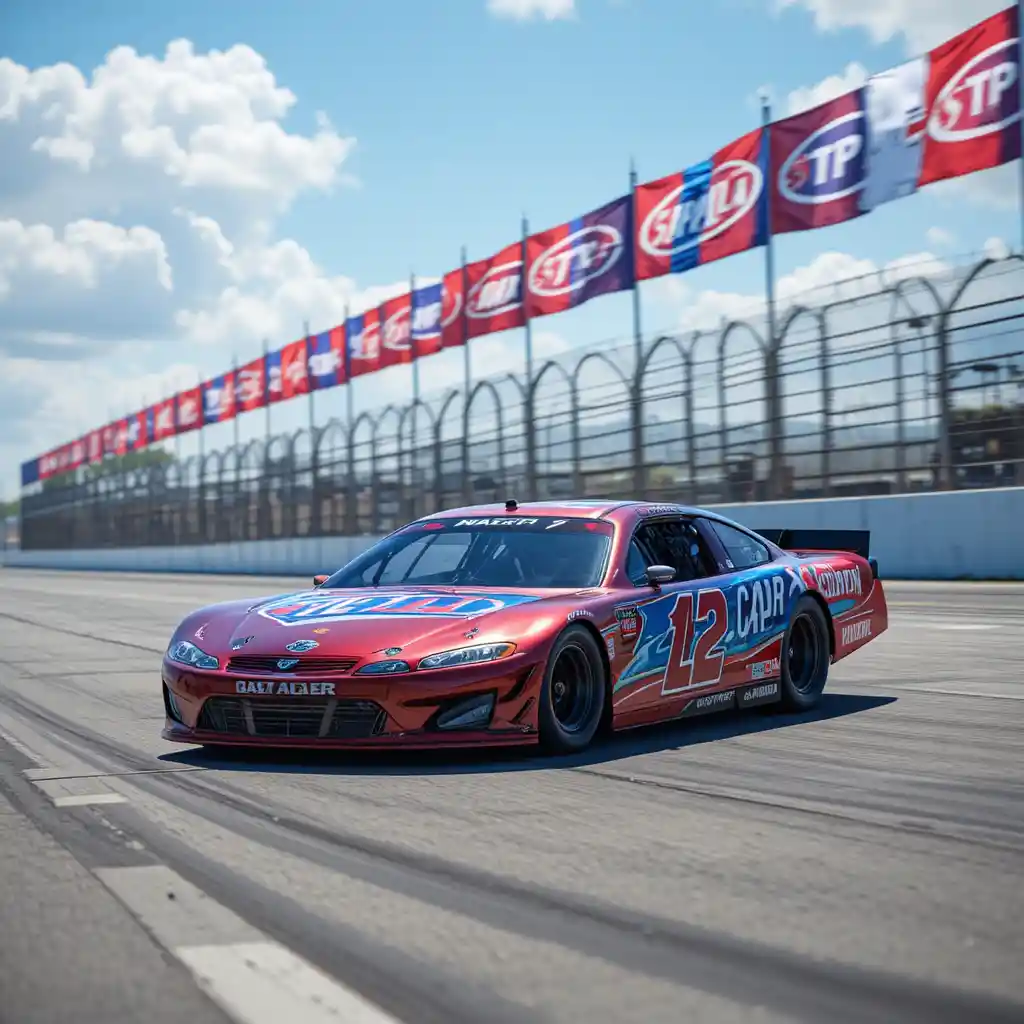 Auto da corsa rossa e blu che sfreccia sulla pista di Daytona