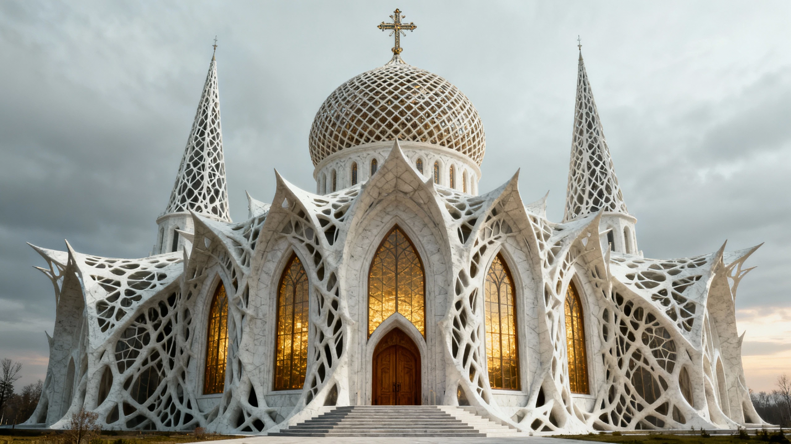 Chiesa ortodossa frattale futuristica con imponente cupola a cipolla