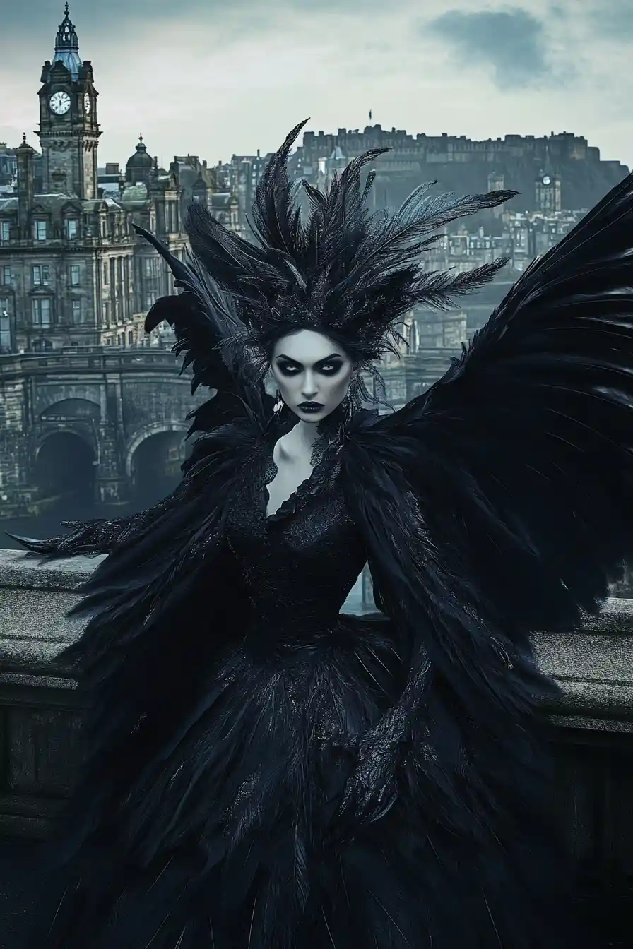 Femme Mystique Fusionnée avec des Plumes de Corbeau en Portrait Cinématographique