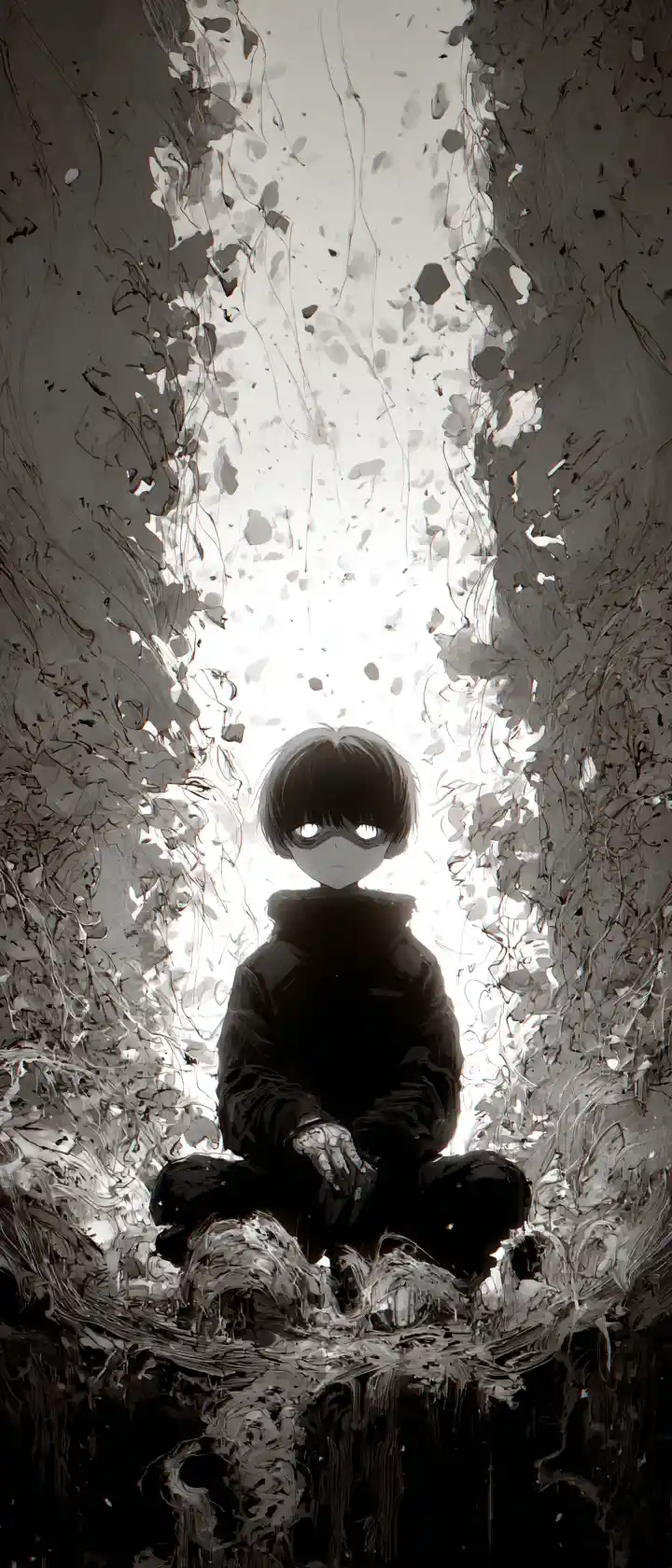 Serene void eyed figure amid chaotic shadowed dreams