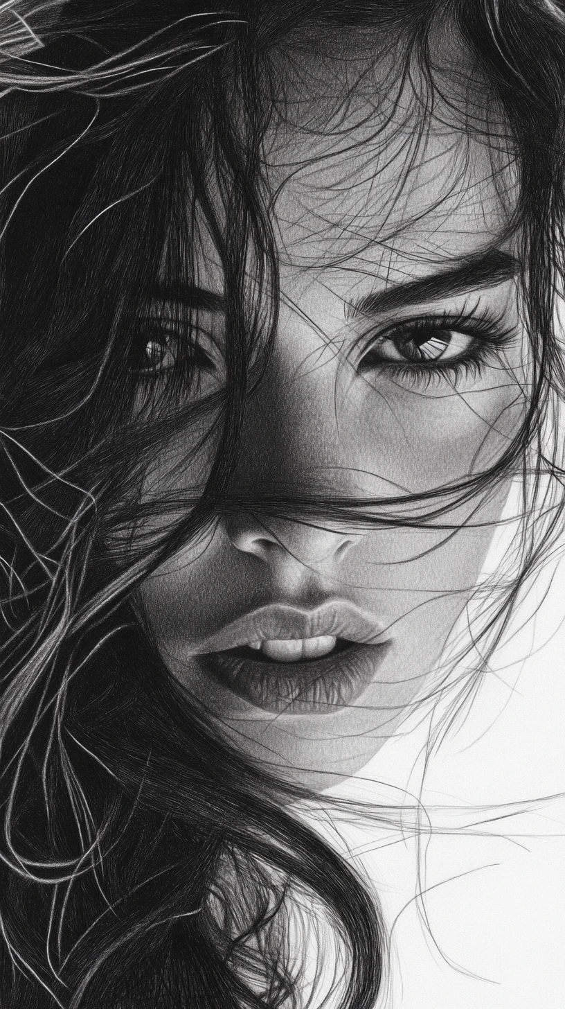 Graphite portrait of a young woman with windswept wavy hair