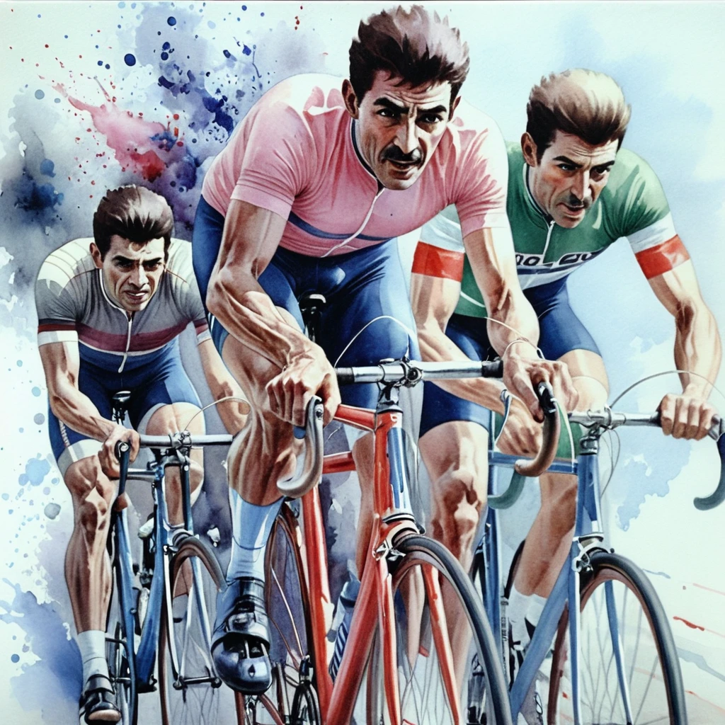 Ilustração em aquarela de três ciclistas vintage em corrida