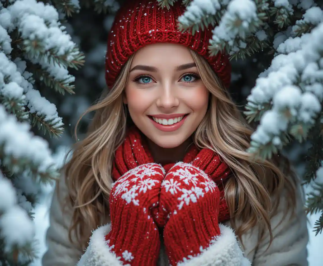 Smiling woman in red winter clothes behind snowy branches