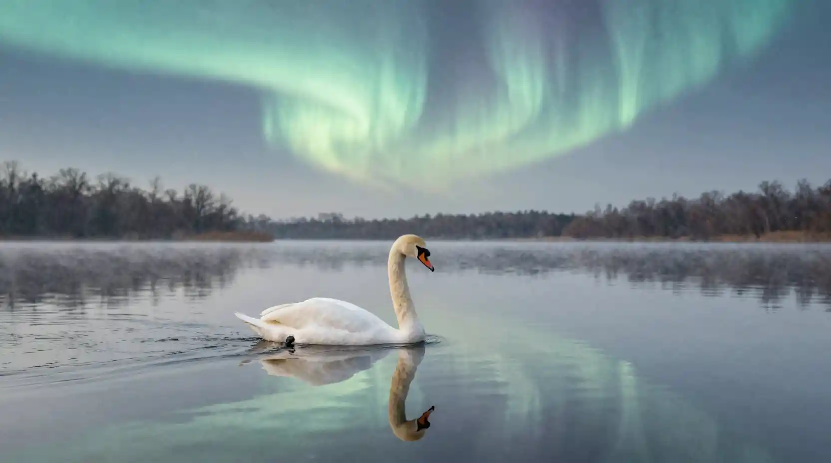 Graceful swan gliding across a tranquil glassy lake