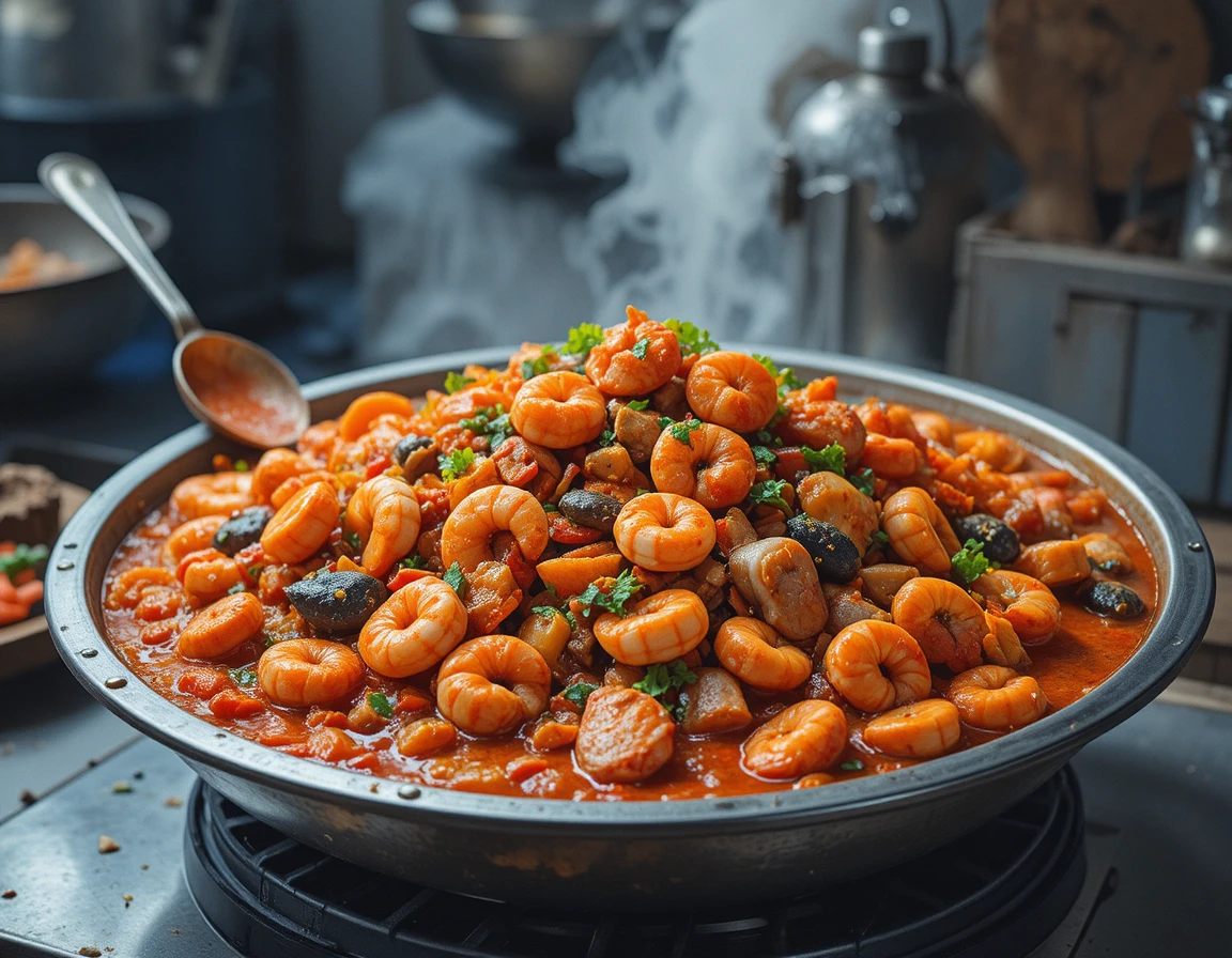 Colorful seafood stew in a round metal tray with ladle