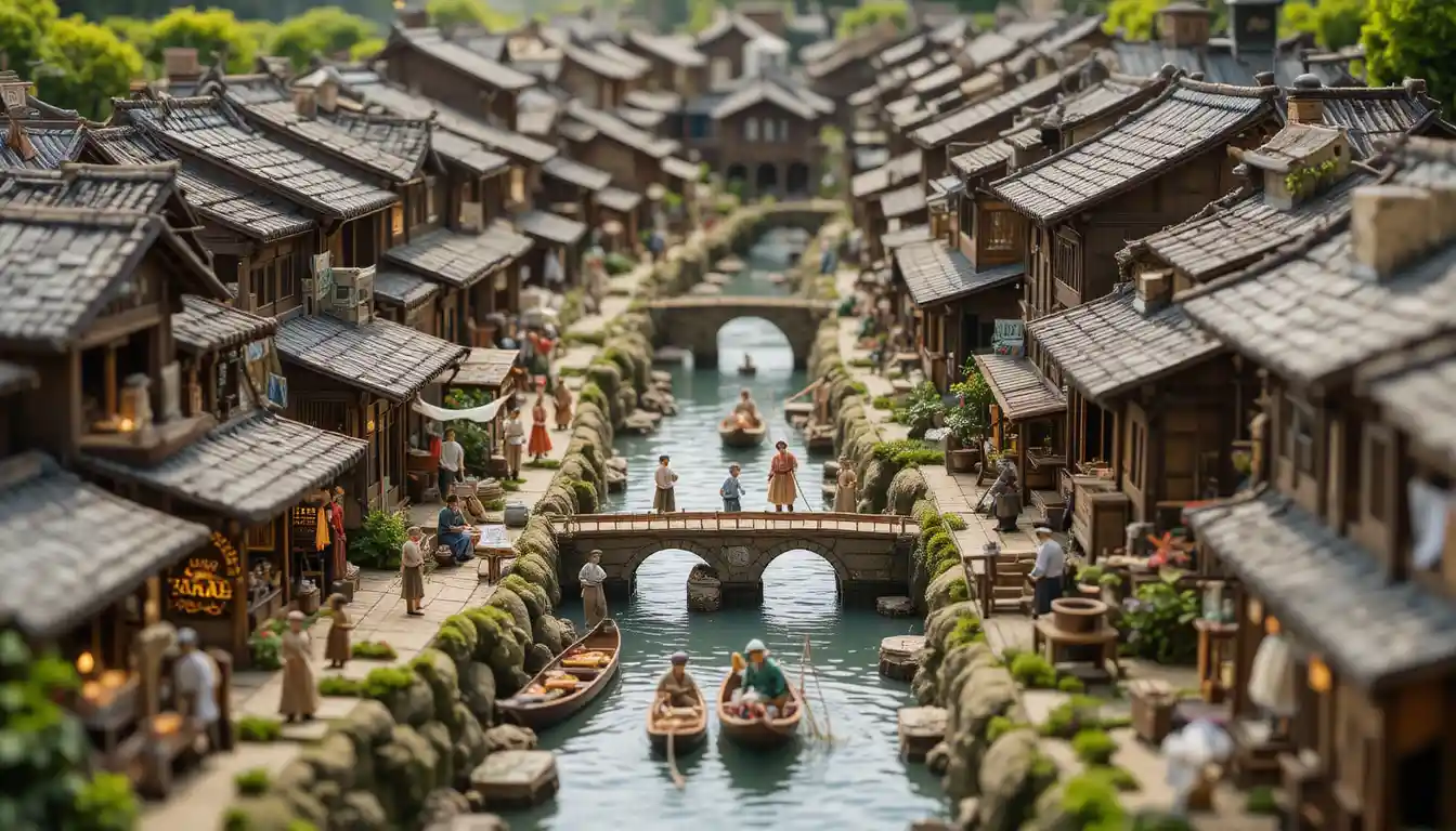 Miniatura di villaggio giapponese feudale sul canale con vita quotidiana brulicante