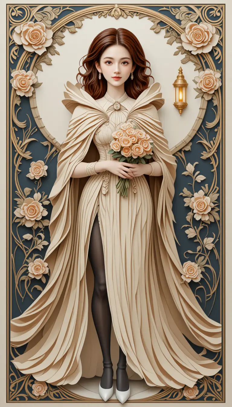 Renaissance woman in ornate paper cut floral illustration
