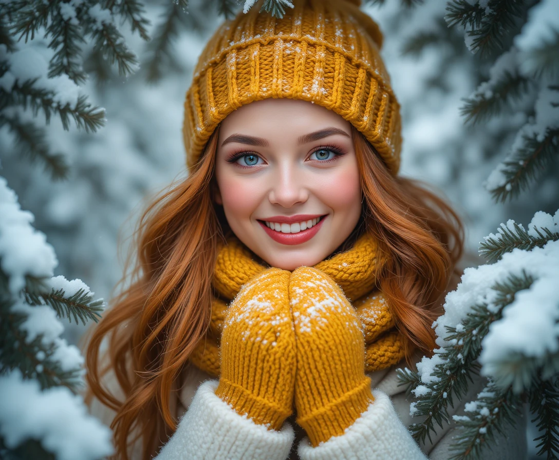 Joyful red haired woman in snow with yellow winter accessories