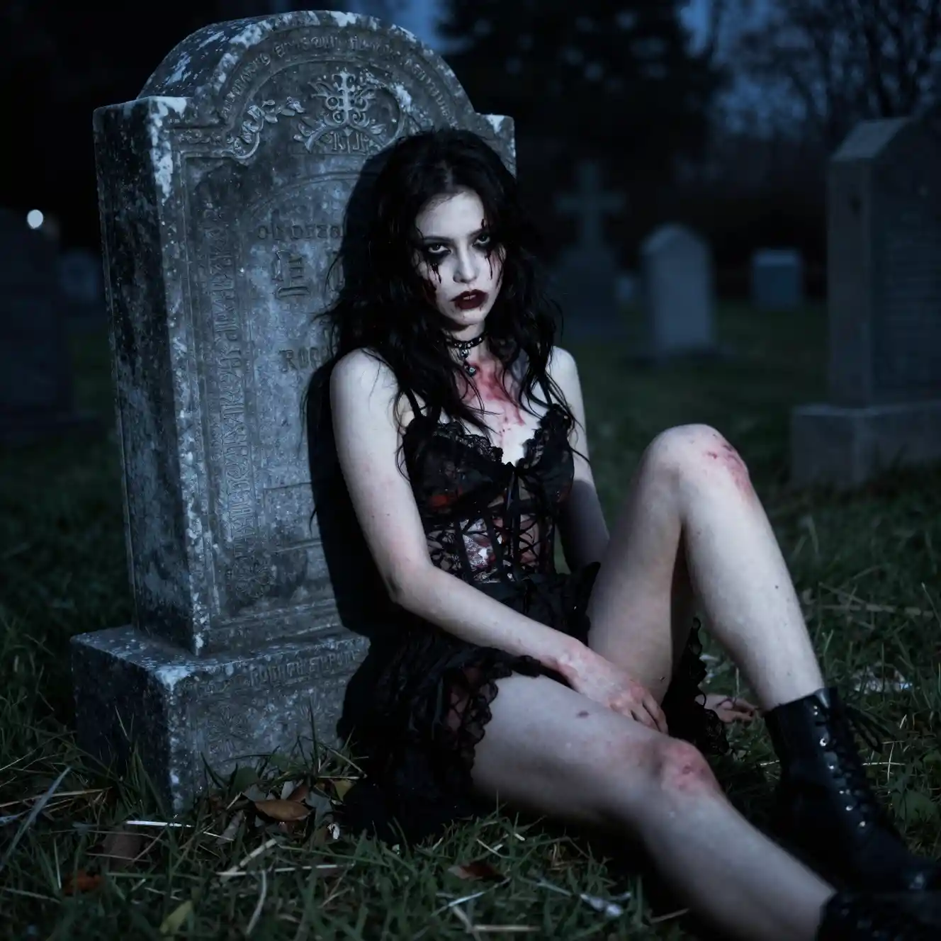 Zombie woman in revealing clothes by tombstone at night
