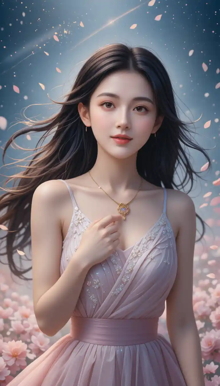 花瓣與星空中伸手觸及項鍊的動漫女子