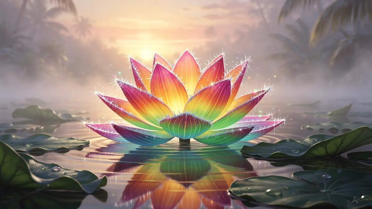Rainbow lotus blooming beside a misty dawn pond