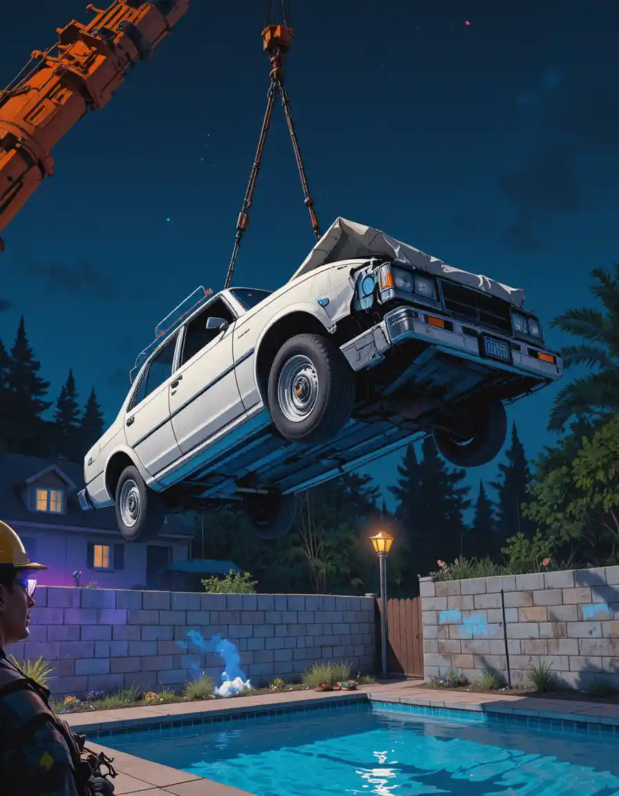 Damaged white car lifted by crane in tense night rescue